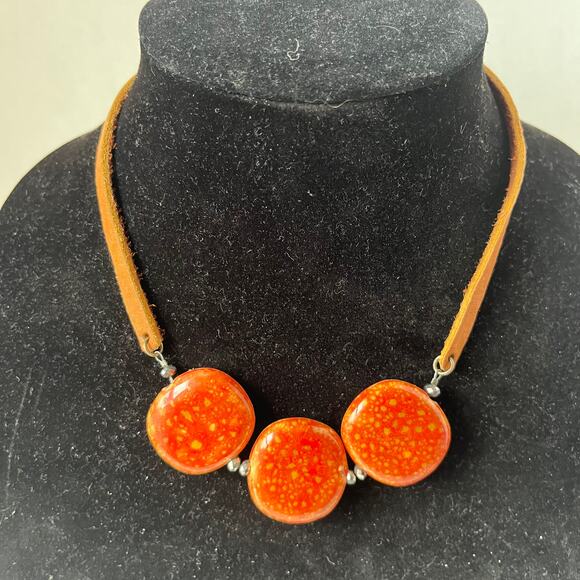 GoldStone Triple Pendant on Brown Leather Choker Strap Necklace Circles Extend - Picture 7 of 10